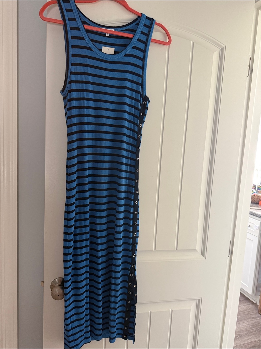 Sundry Blue and Navy Striped Sleeveless Maxi Dress with Side Grommet Trim